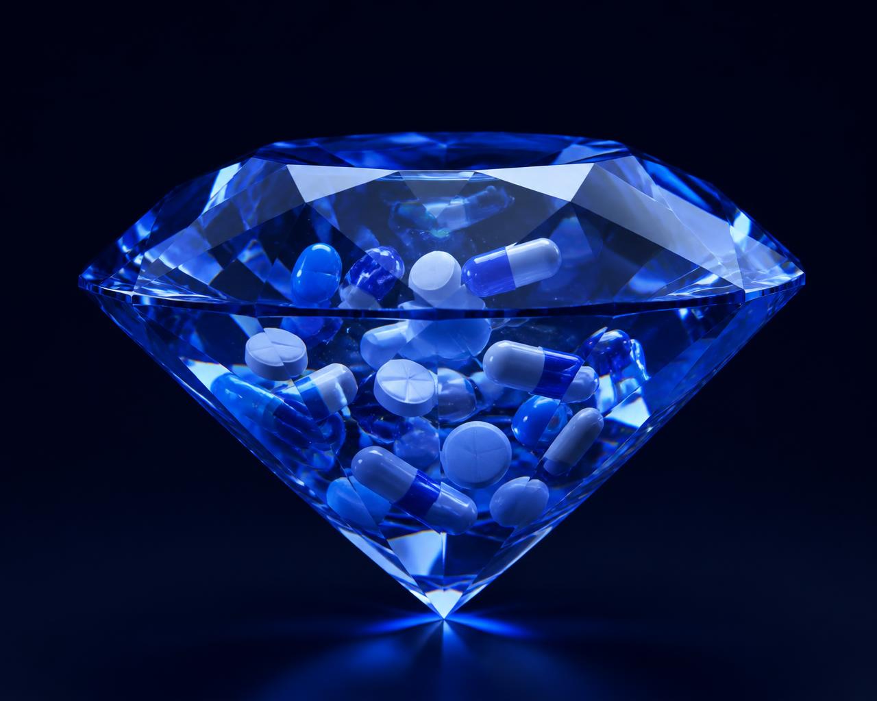 Sapphire blue diamond filled with tablets and capsules